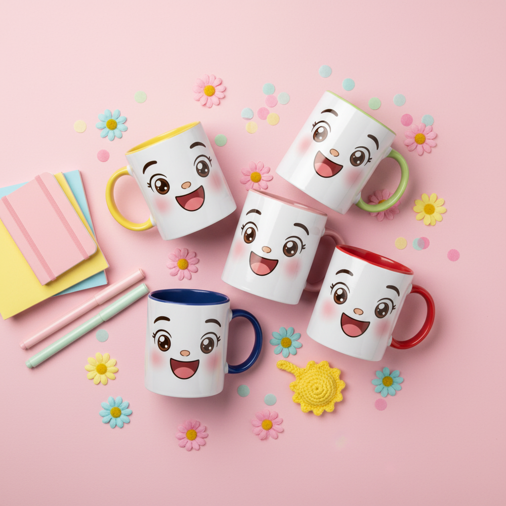 Lot de tasses en céramique blanches à visages kawaii souriants, anses vertes, roses et rouges.