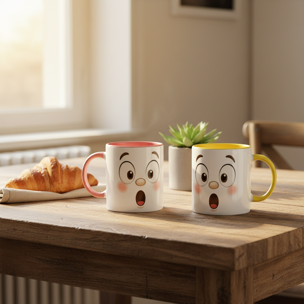 Deux mugs en céramique blanche: l’un rose, l’autre jaune, visages kawaii abeille