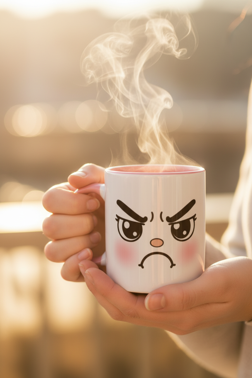 Mug blanc en céramique tenu en main, visage kawaii en colère, intérieur rose.