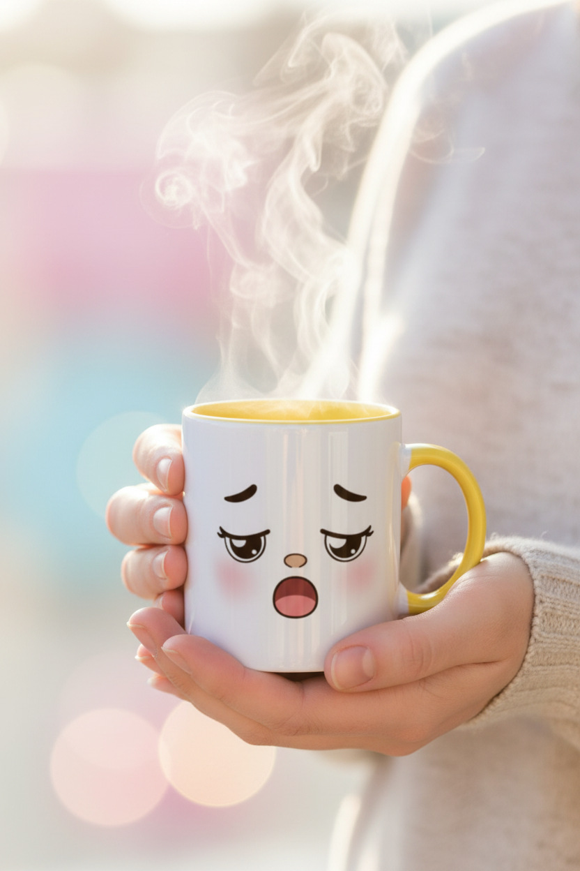 Mug en céramique au visage kawaii endormi, anse jaune et intérieur jaune