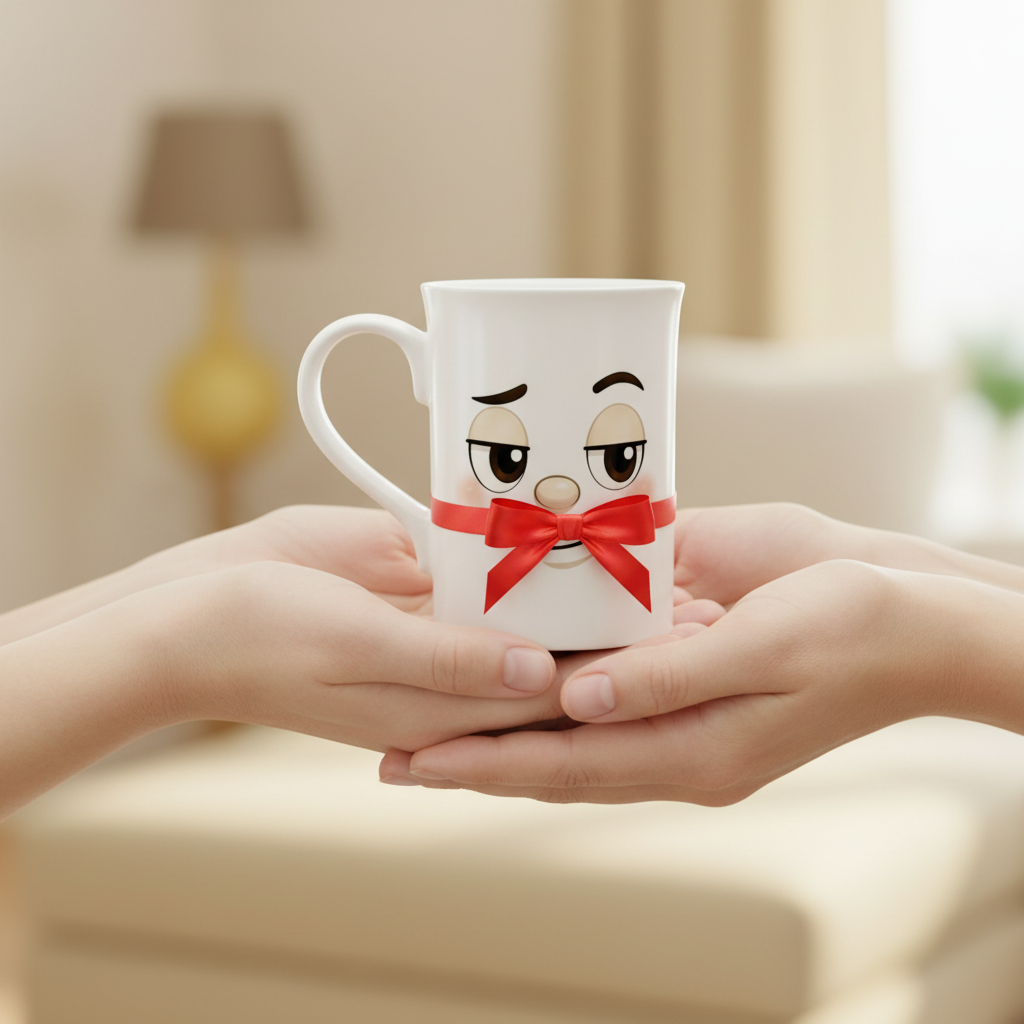 Tasse blanche au visage kawaii avec nœud rouge sur la poitrine.