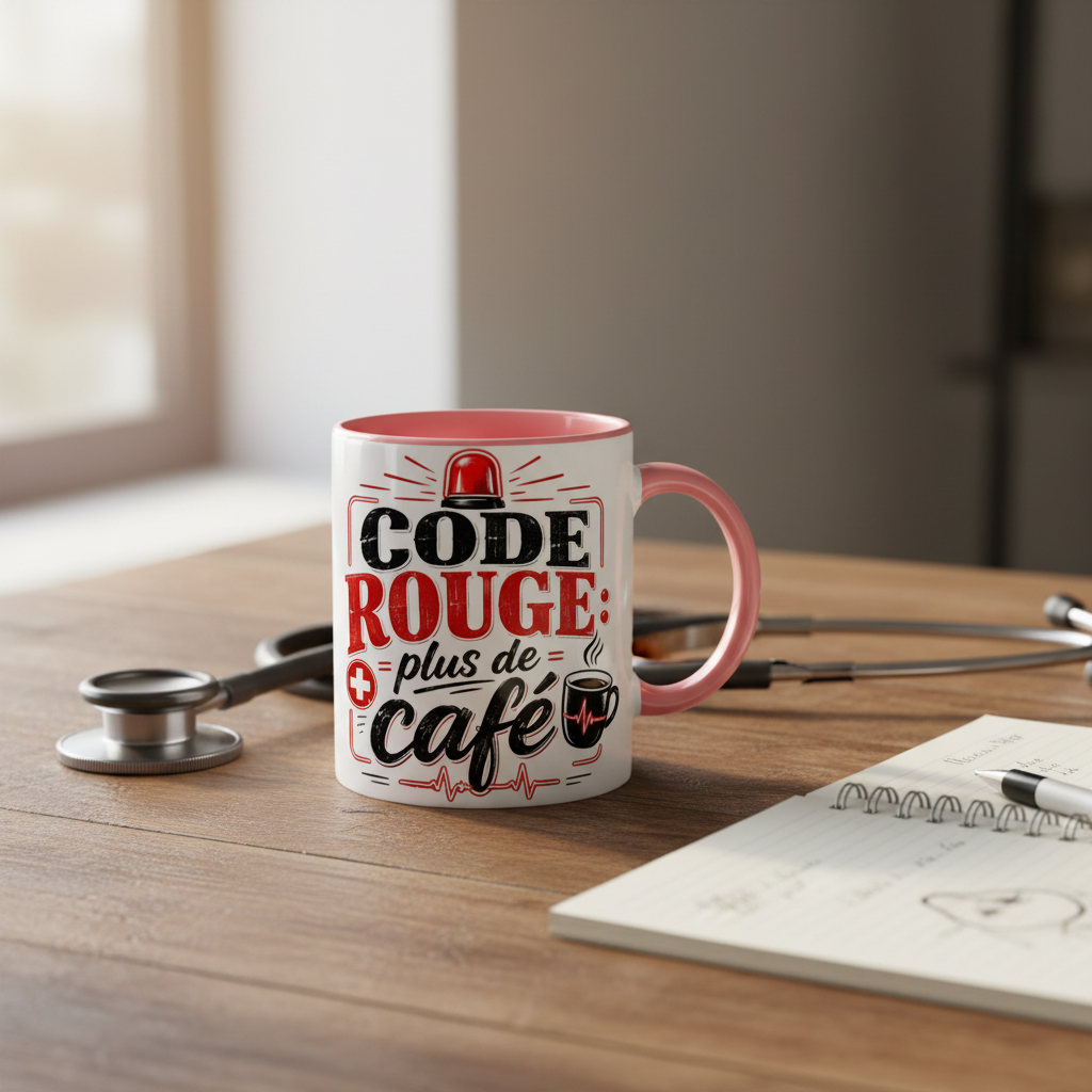 Mug Code Rouge Plus de Cafe posé sur un bureau avec stéthoscope et carnet médical, lumière matinale douce