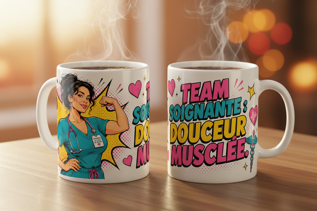 Paire de mugs blancs avec motif « Team soignante », cœurs roses et texte multicolore