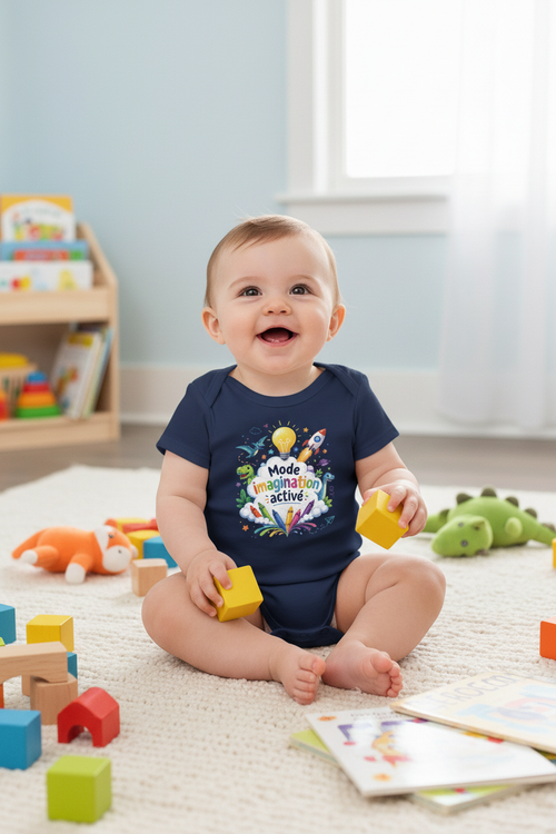 Bébé souriant en body navy Mode imagination activé assis dans une salle de jeux colorée avec livres et jouets