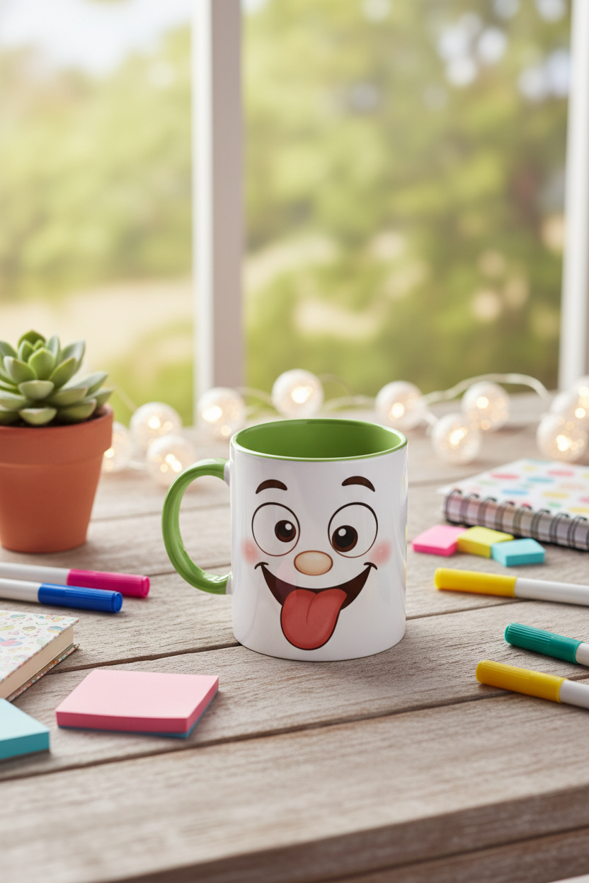 Tasse en céramique blanche, anse verte, visage kawaii espiègle en dessin.