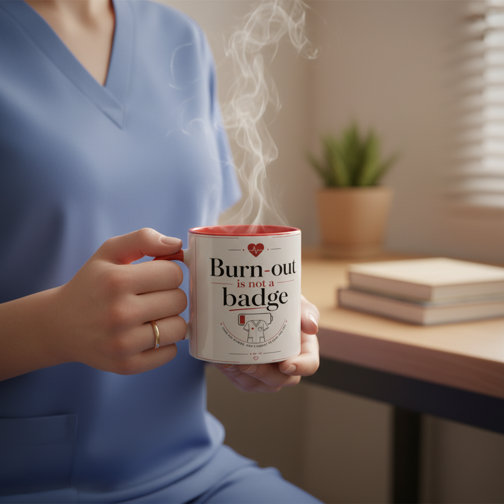 Mug en céramique rouge fumant, poignée rouge, texte Burn-out is not a badge.