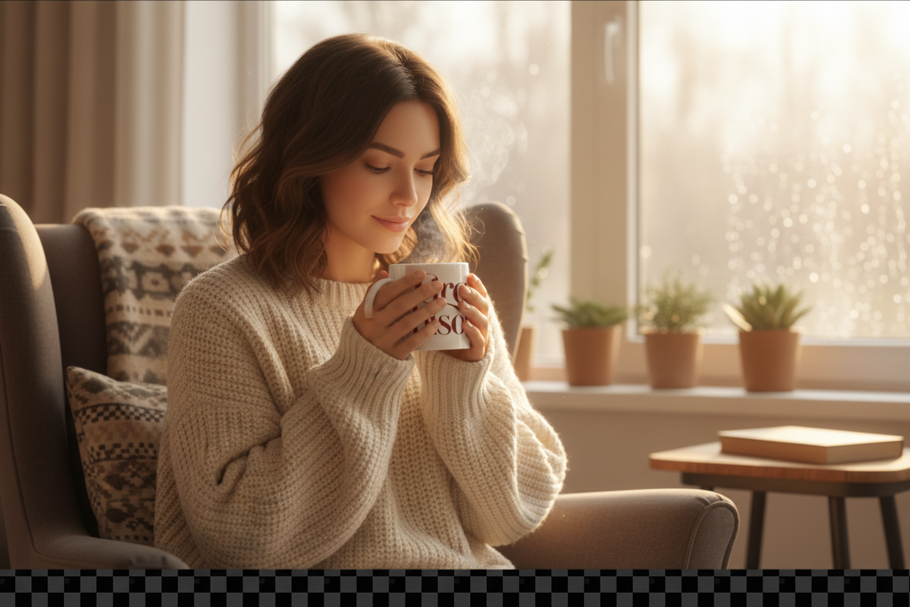 Femme souriante tenant le mug Gros Bisous près d'une fenêtre lumineuse