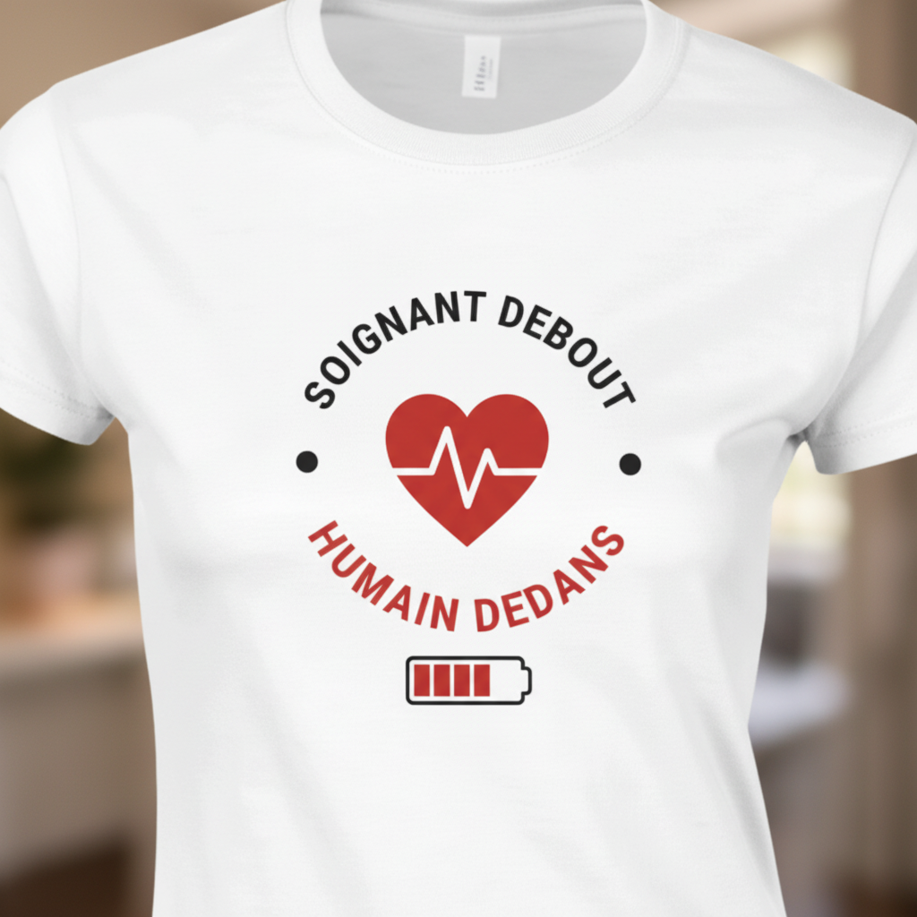 T-shirt blanc col rond, gros plan imprimé cœur rouge ECG et texte noir « Soignant Debout ».