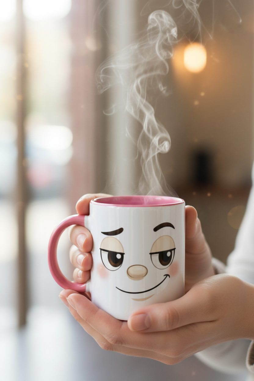 Mug en céramique rose avec visage kawaii souriant, tenu dans une main