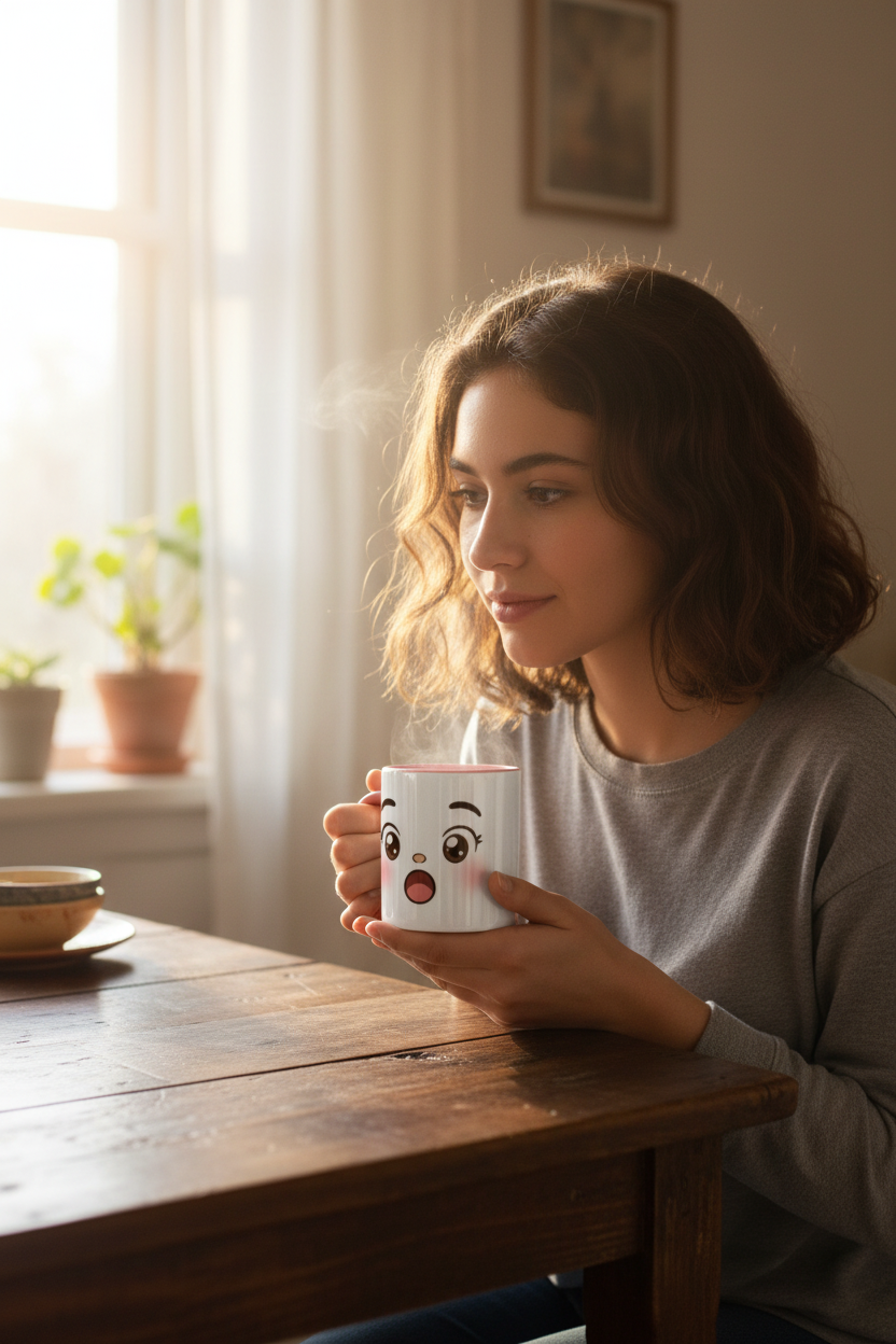 Tasse en céramique blanche au visage kawaii, vue de profil.