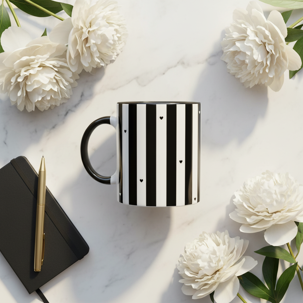 Flat lay mug rayures noir et blanc avec pivoines blanches et carnet sur marbre