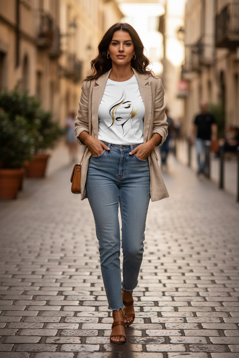 T-shirt blanc femme avec motif visage line art doré au centre du buste