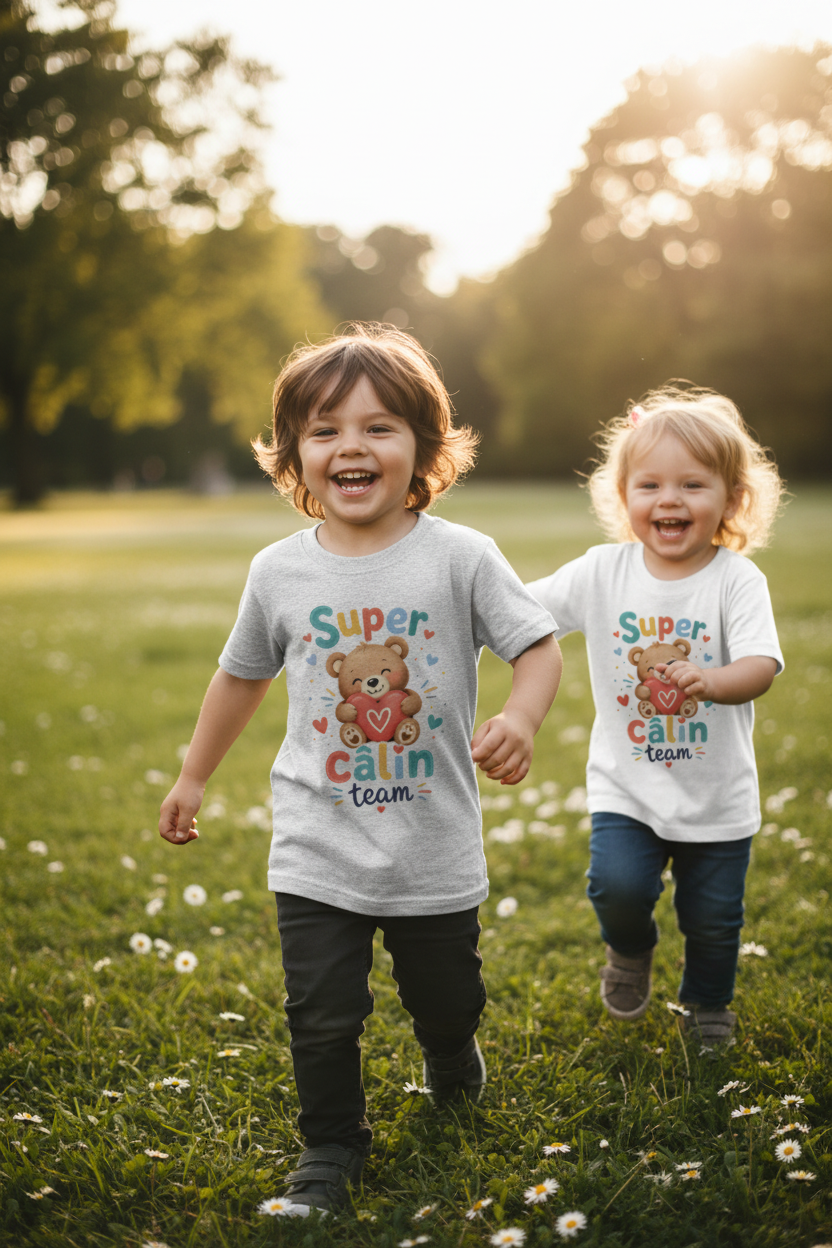 Enfant en t-shirt gris chiné Super Câlin Team qui joue avec un ami dans un parc ensoleillé
