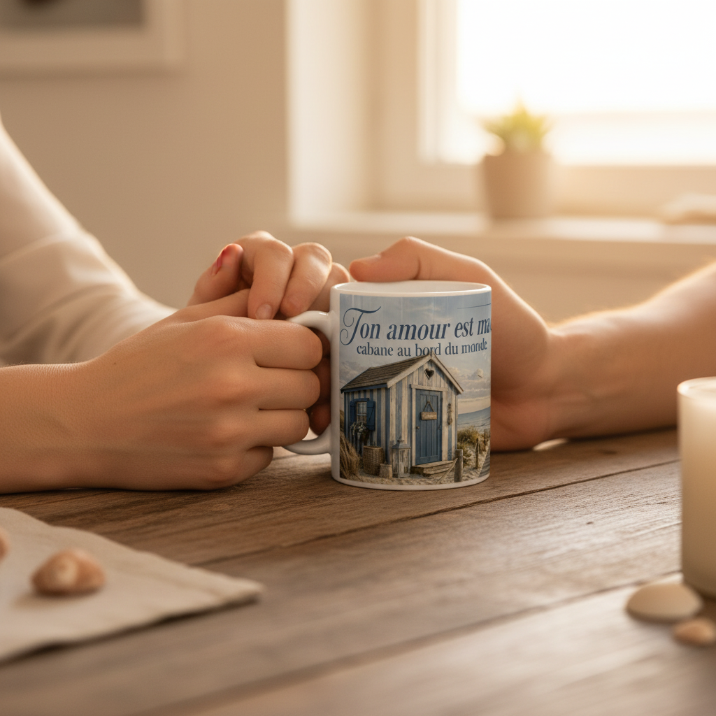 Mug Ton amour est ma cabane au bord du monde tenu par un couple en bord de mer, Bassin d'Arcachon