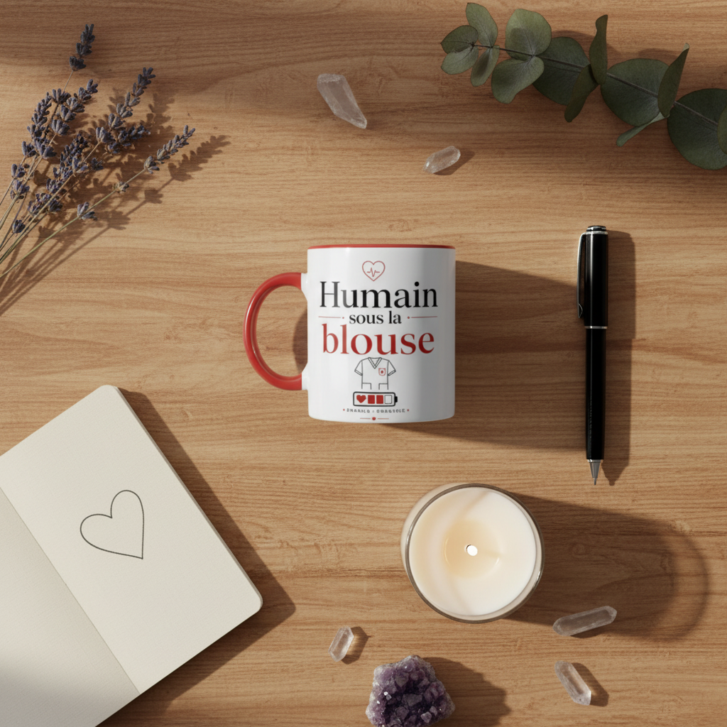 Mug Humain sous la blouse, anse rouge, motif logo cœur et blouse