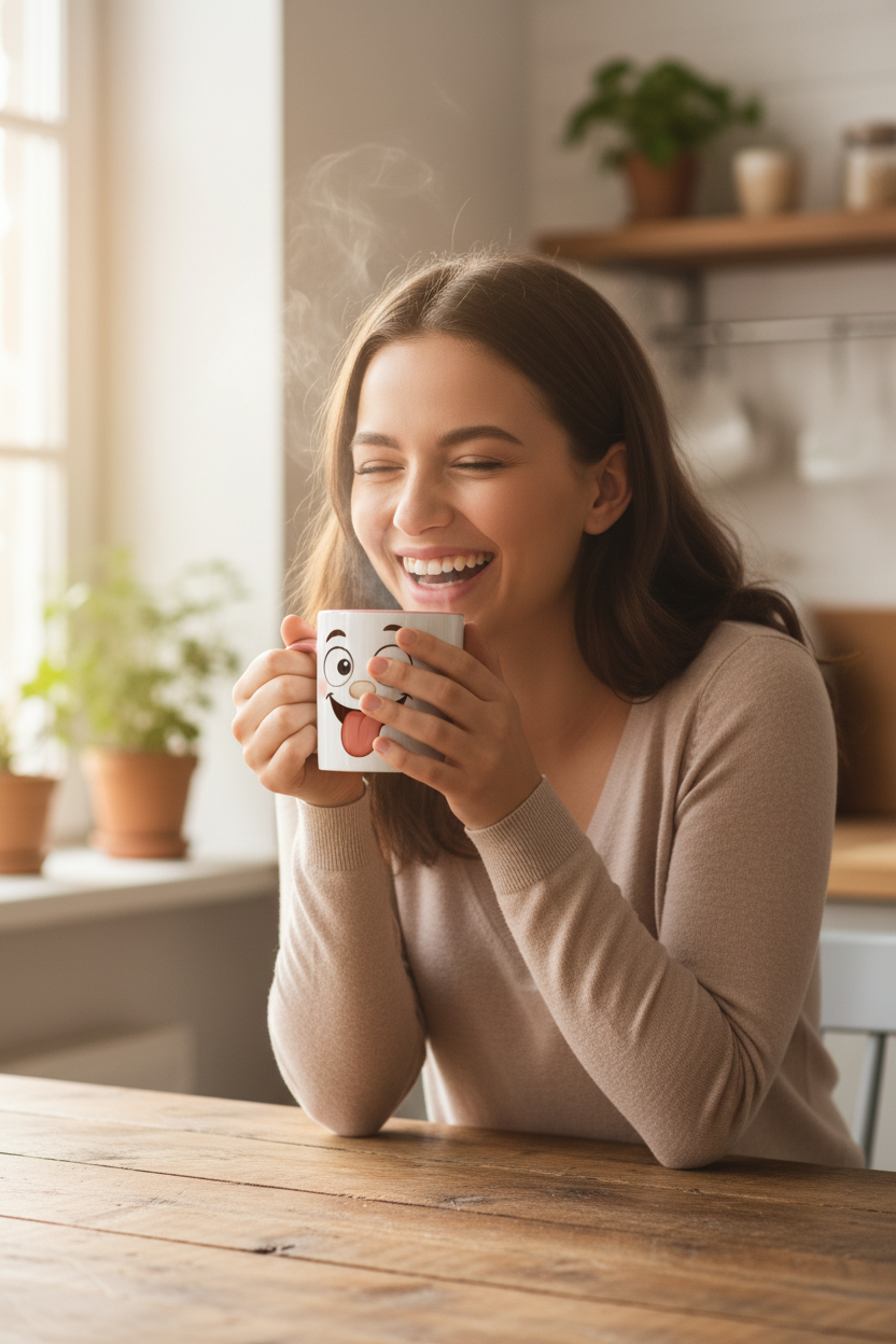 Mug en céramique blanc, visage kawaii, vapeur au-dessus, tenu par une main.