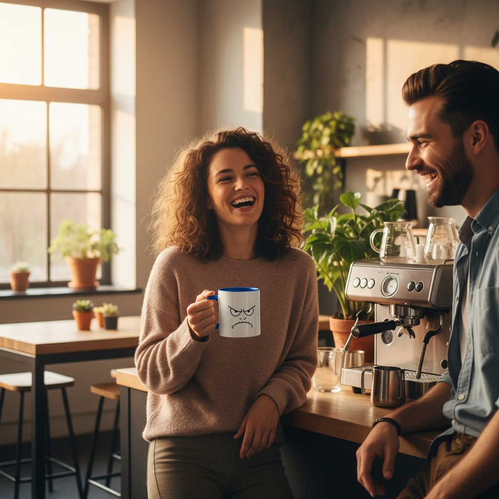 Mug bleu avec visage grognon dessiné, anse visible.
