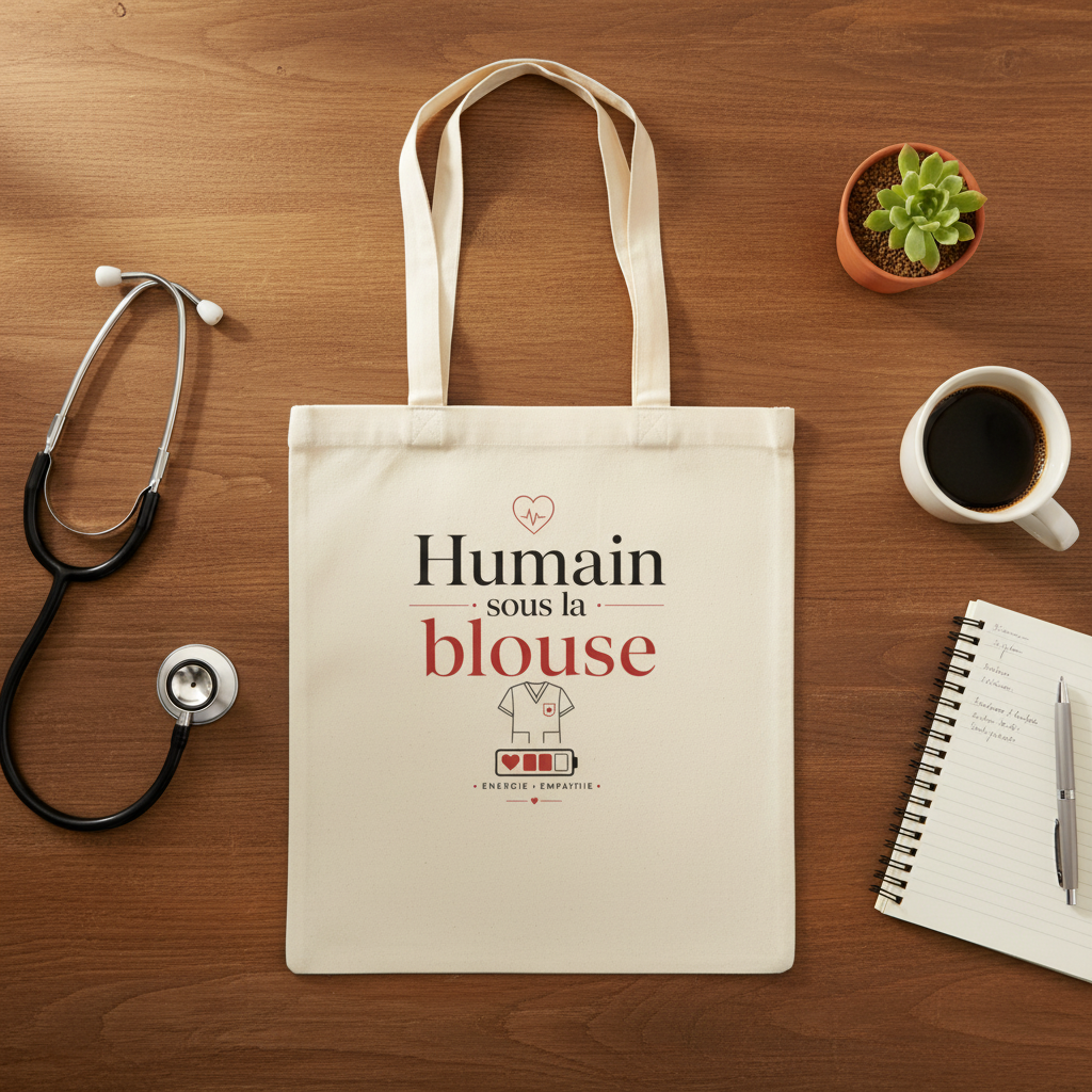 Tote bag en toile écrue, motif imprimé « Humain sous la blouse »