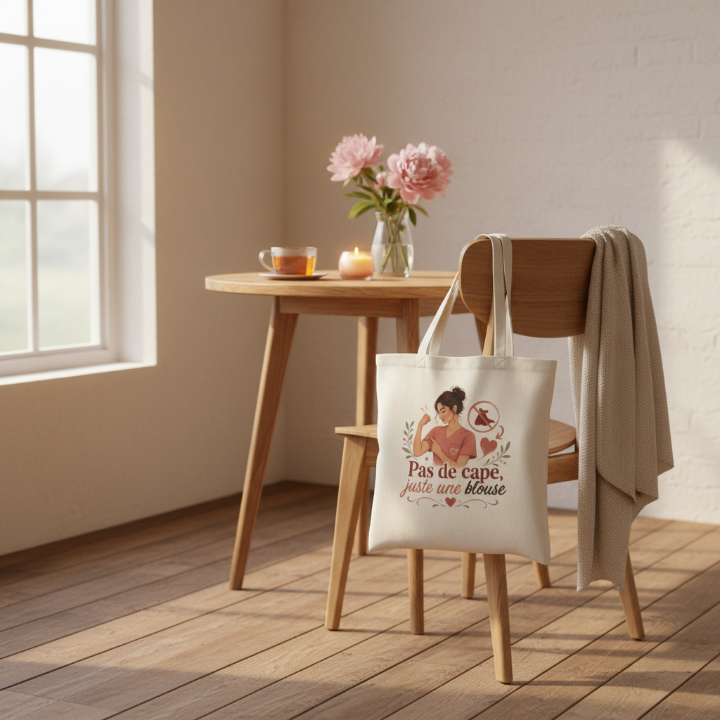 Tote bag blanc Pas de cape juste une blouse accroché à une chaise en bois, ambiance cosy salle de pause