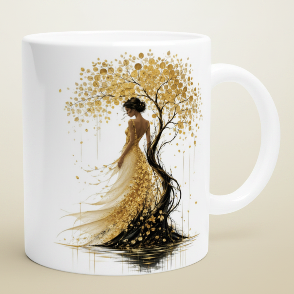 Mug blanc à motif femme et arbre doré, gros plan sur l’illustration