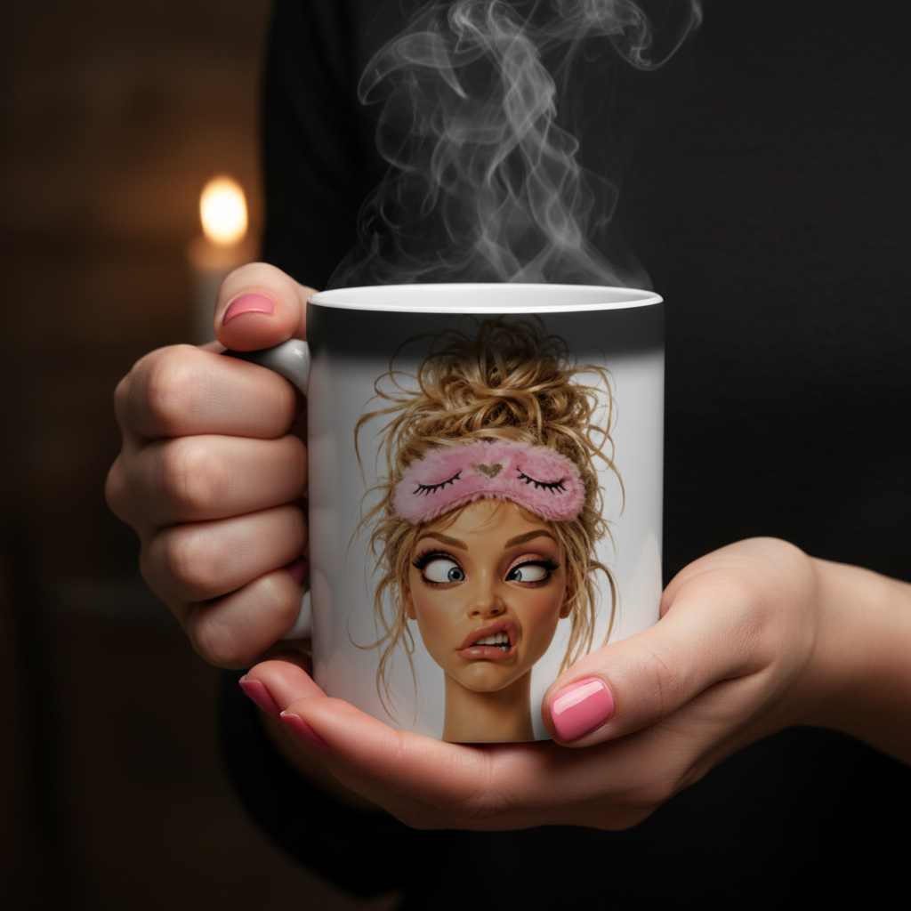 Zoom sur le design du mug magique thermosensible, visage femme humour tête du matin masque rose yeux écarillés
