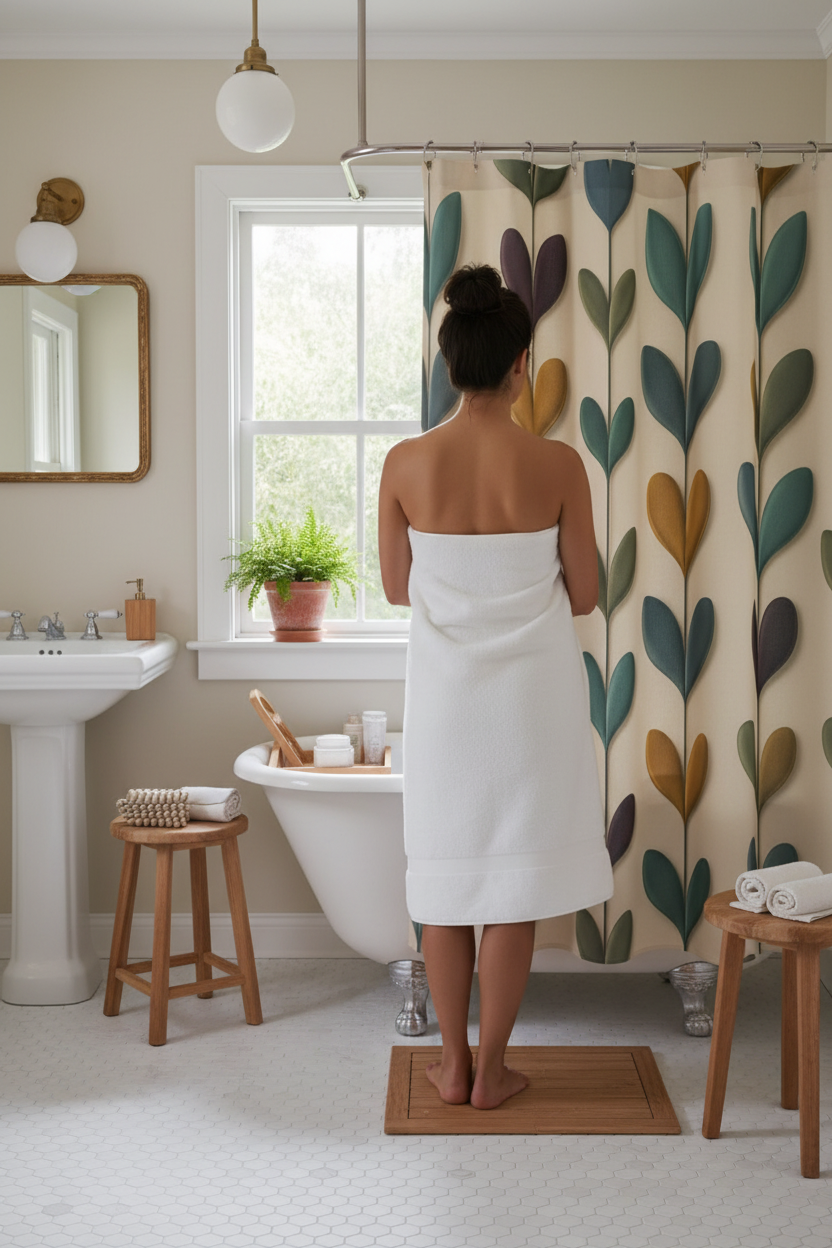 Rideau de douche à motifs feuilles rétro sur fond clair, suspendu avec tringle et ourlet.