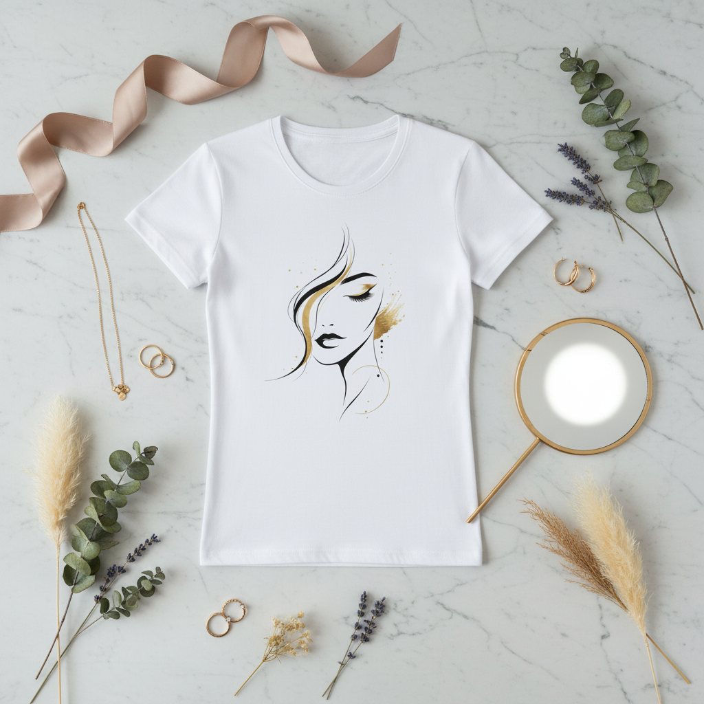 T-shirt blanc femme à plat, motif visage line art doré imprimé au centre