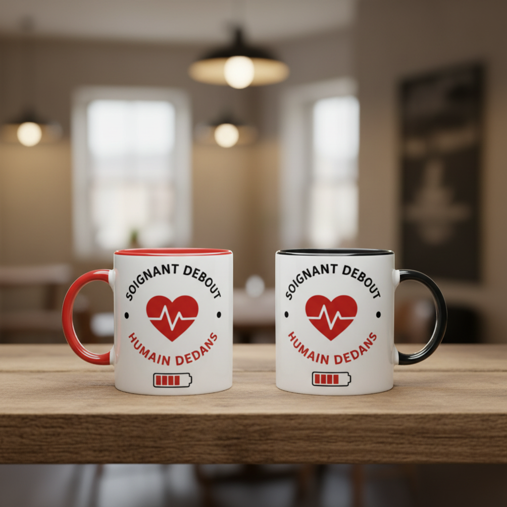 Deux mugs en céramique blanche, anses rouge et noire, cœur ECG rouge