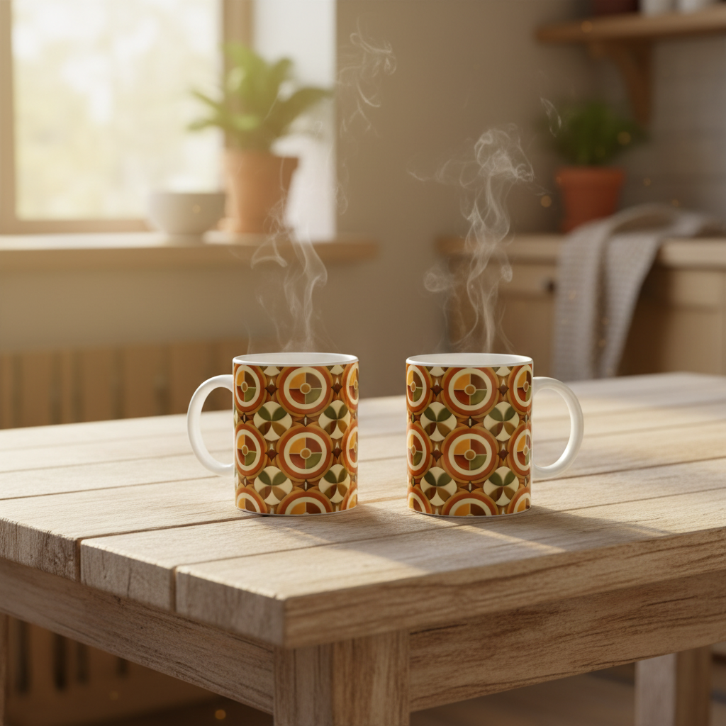 Deux mugs rétro géométriques 70s sur table en bois avec vapeur, lumière dorée matin d'automne