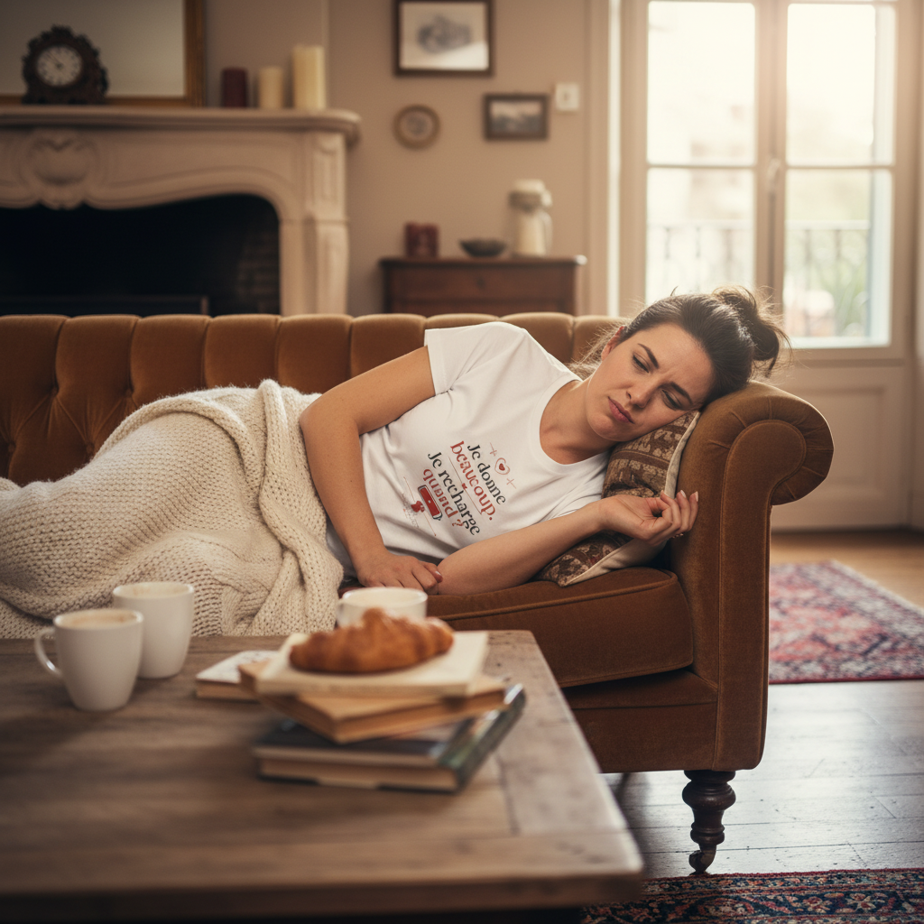 T-shirt blanc porté en détente, message rouge centré « Je donne beaucoup ».