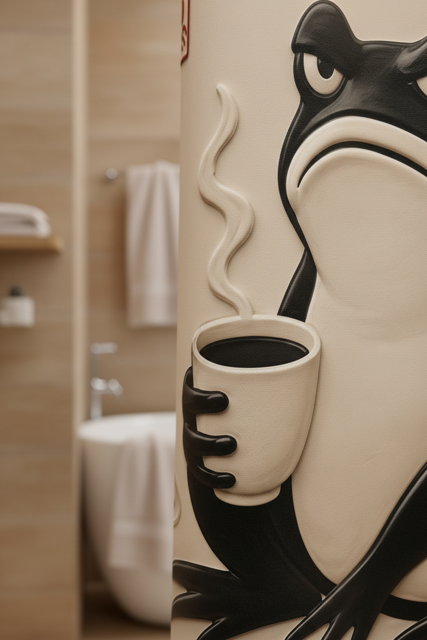 Rideau de douche beige : détail de la grenouille noire et de la tasse, motif en relief.