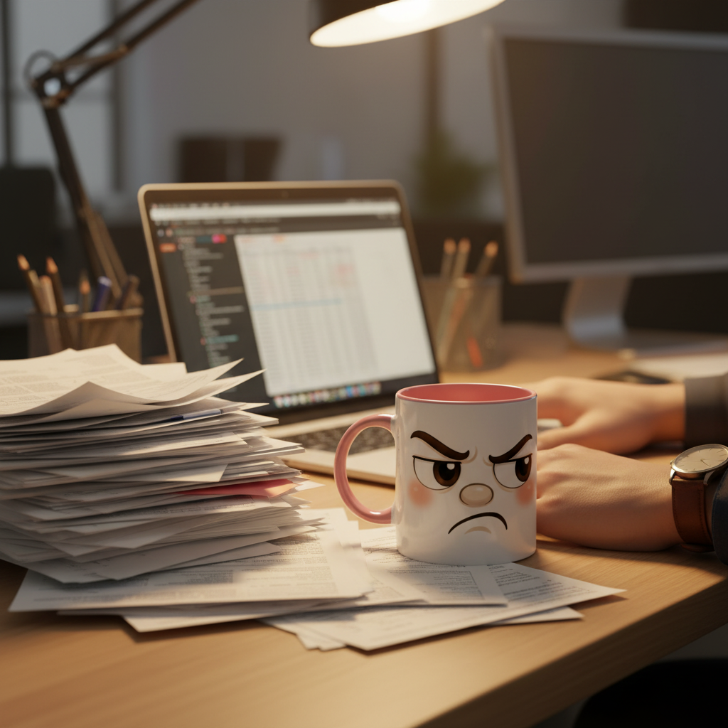 Mug en céramique blanc et rouge avec visage fâché Kawaii sur la tasse.