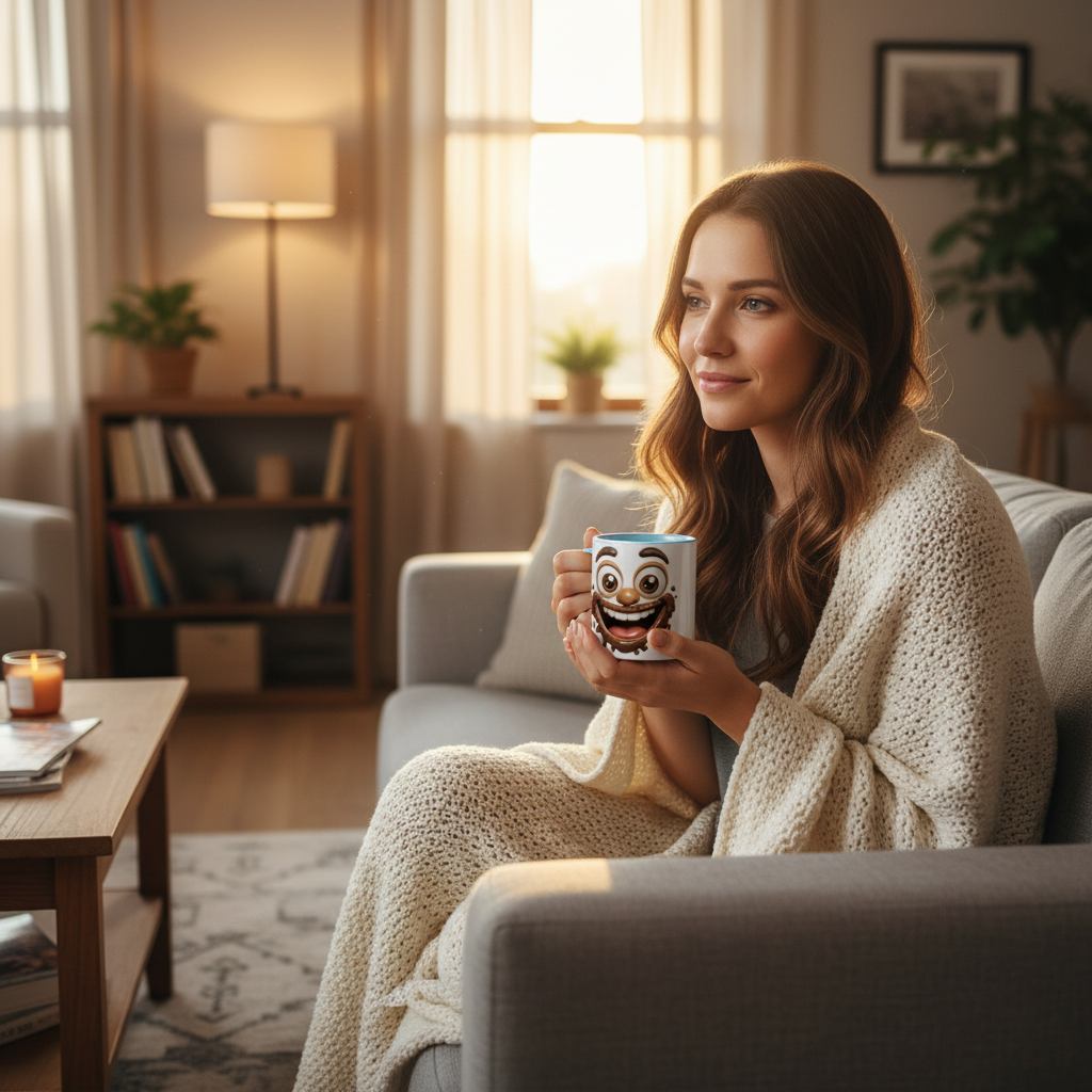 femme sur canape sous plaid tenant un mug visage chocolat rigolo ambiance cosy