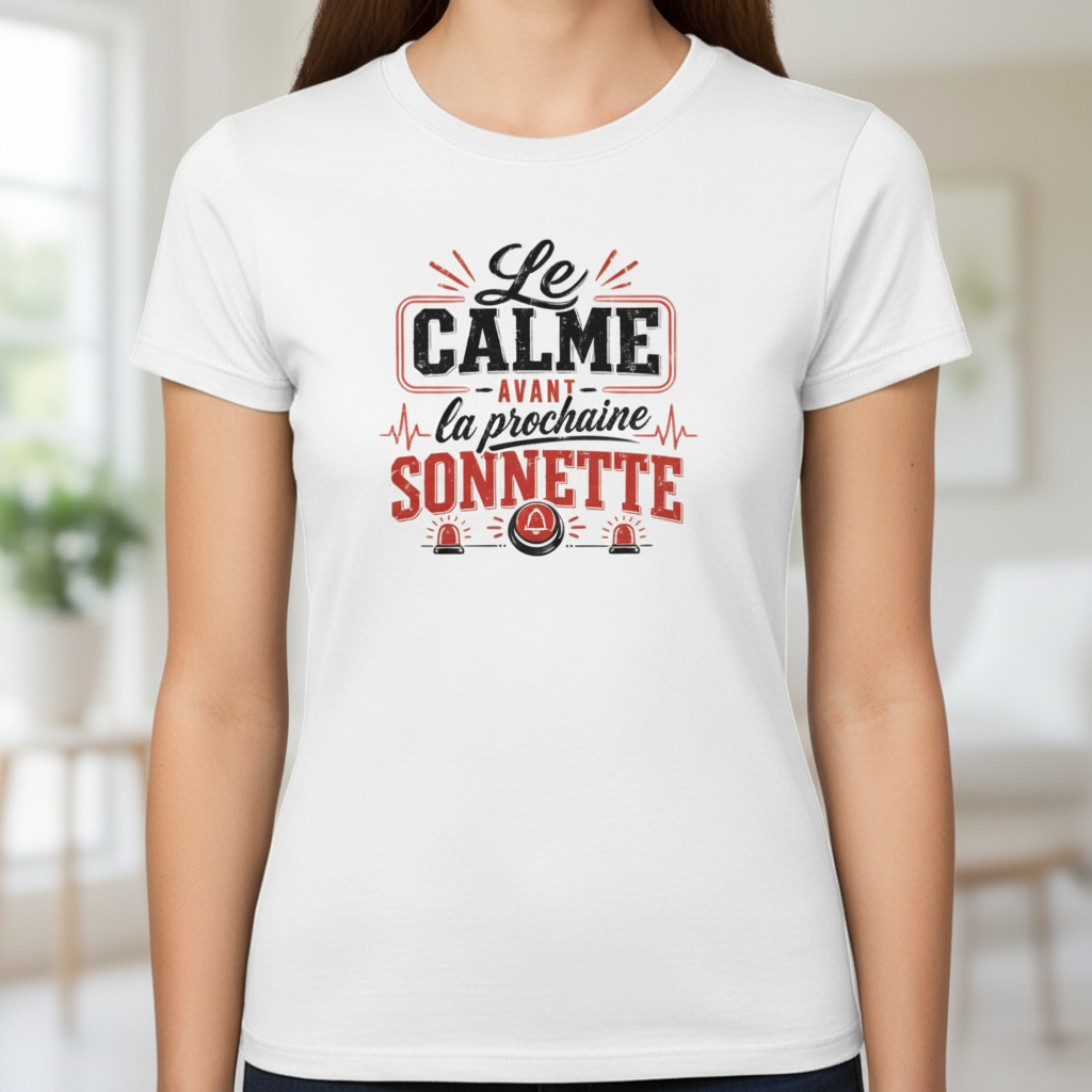 Zoom sur le design Le Calme avant la prochaine Sonnette en noir et rouge sur t-shirt blanc