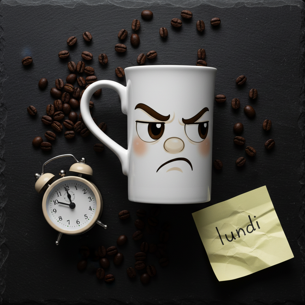 Mug blanc avec dessin kawaii grognon sur le devant, visage contrarié.