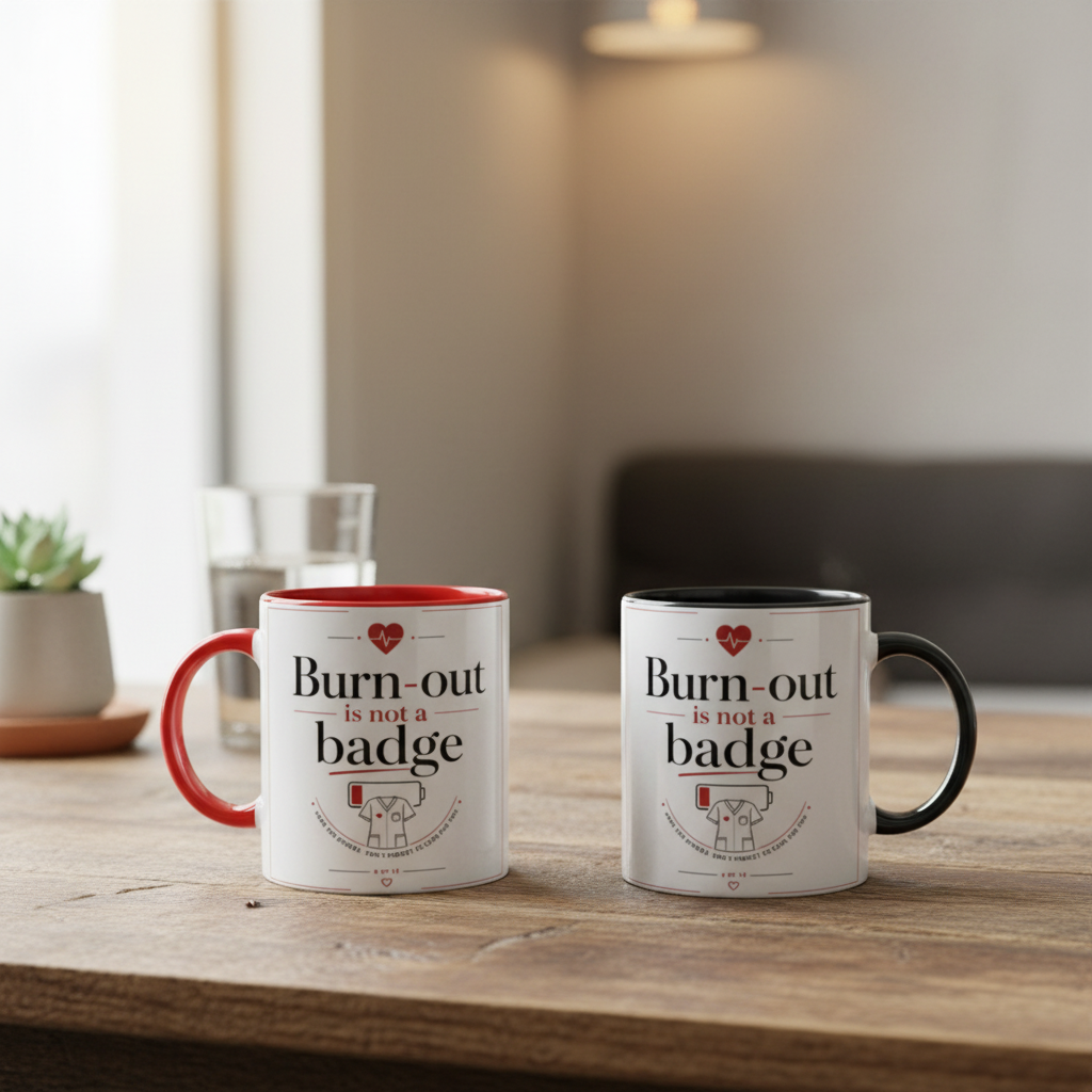 Duo de mugs : un mug rouge à poignée rouge et un mug noir à poignée noire, Burn-out.