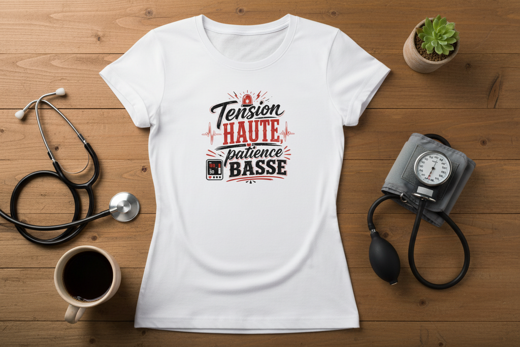 Flat lay du t-shirt Tension Haute Patience Basse avec stéthoscope et tensiomètre sur bois