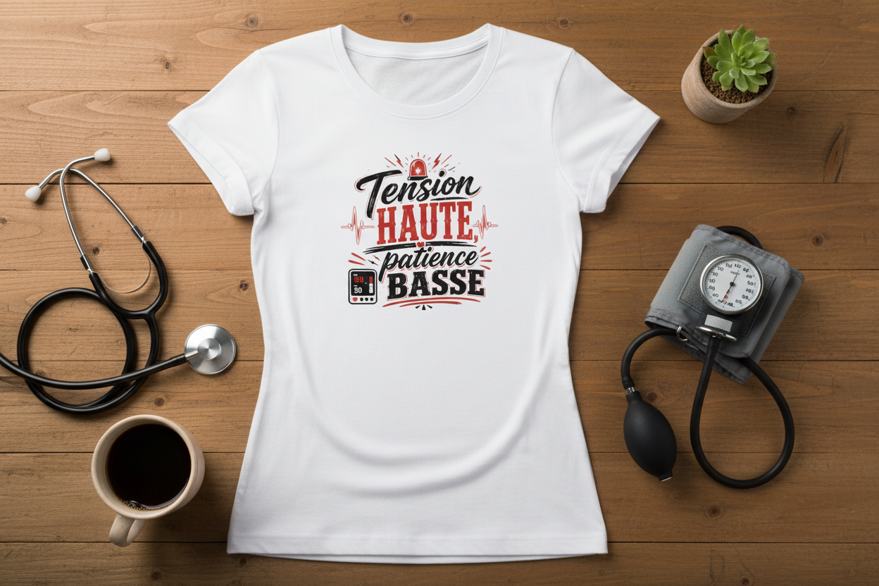 Flat lay du t-shirt Tension Haute Patience Basse avec stéthoscope et tensiomètre sur bois