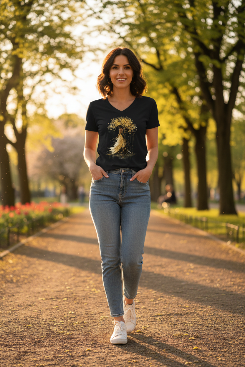 T-shirt femme noir à encolure V, motif arbre doré et silhouette féminine.