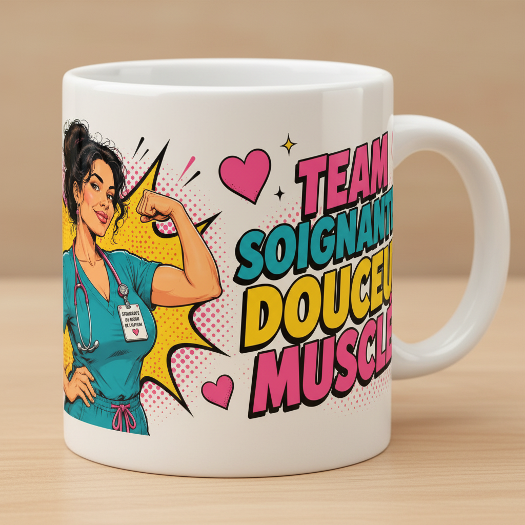 Mug blanc gros plan : infirmière en turquoise, texte « Team soignante » et cœurs