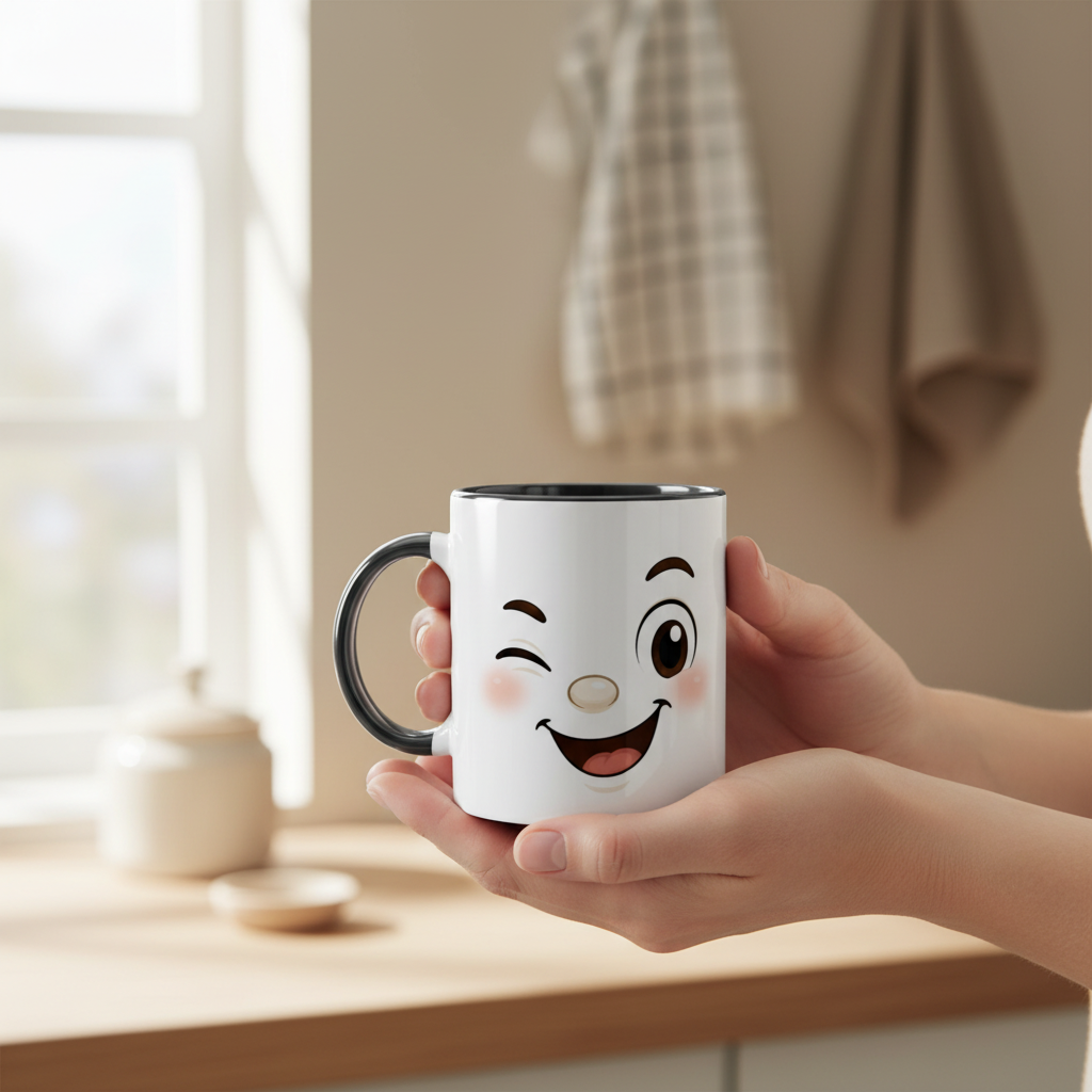 Mug en céramique blanche au décor visage kawaii, poignée et bordure noires