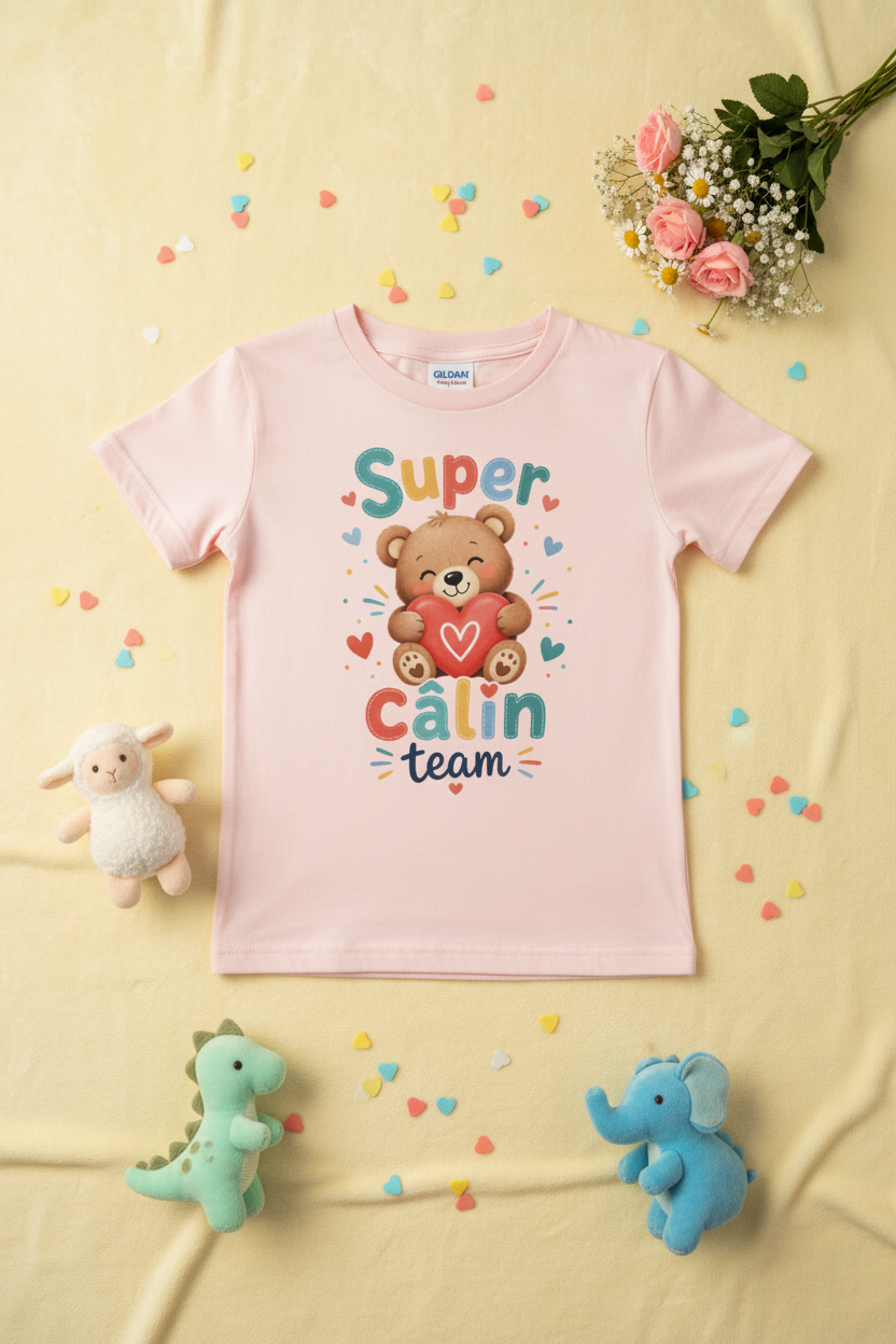 Flat lay du t-shirt rose clair Super Câlin Team avec peluches et confettis en forme de cœur sur plaid pastel
