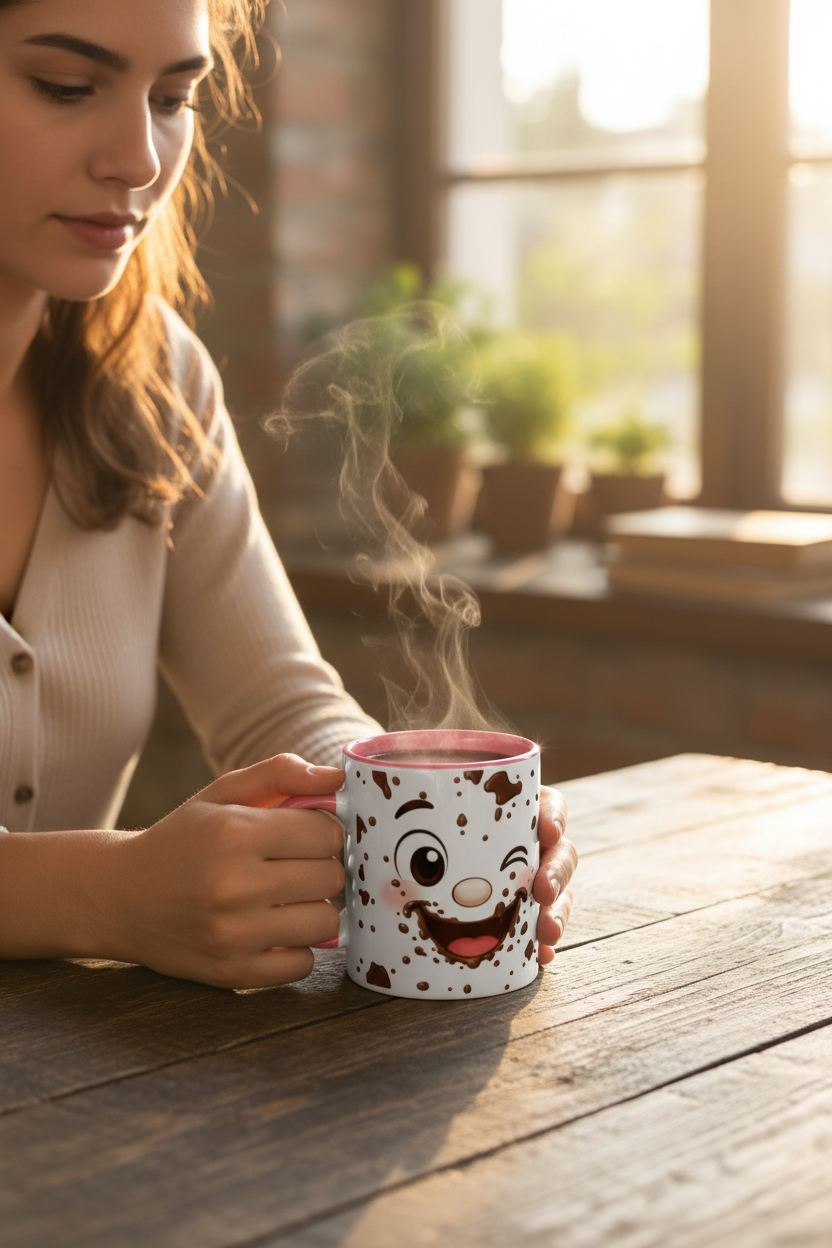 Mug en céramique blanc visage kawaii chocolat, motifs noir et rose, anse droite