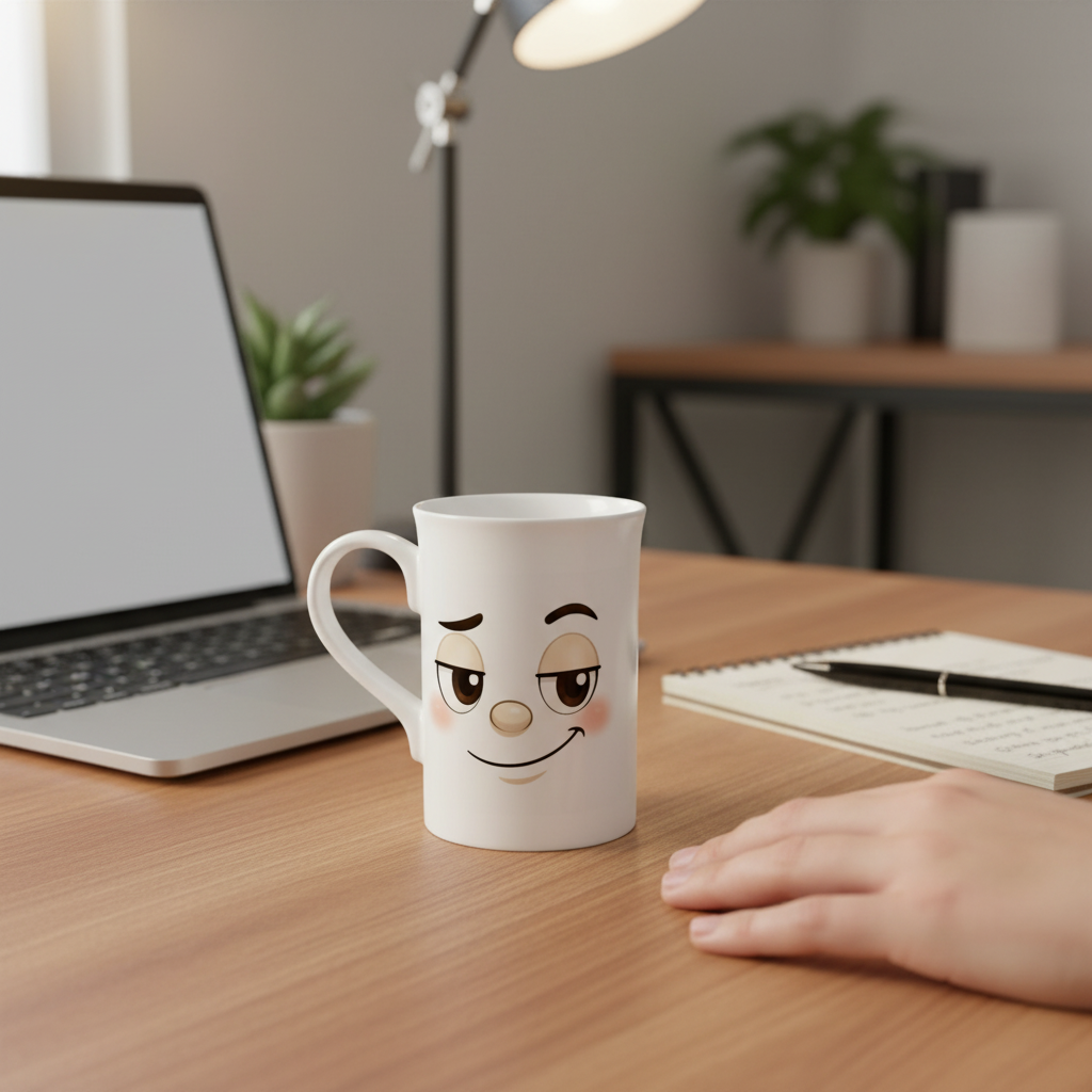 Tasse blanche au visage kawaii, posée sur un bureau.