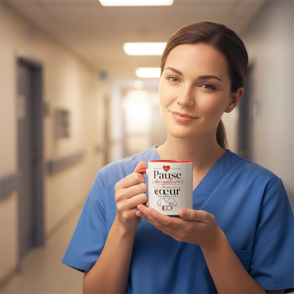 Mug céramique blanche anse rouge, motif cœur, « Pause obligatoire » pour cœur en service