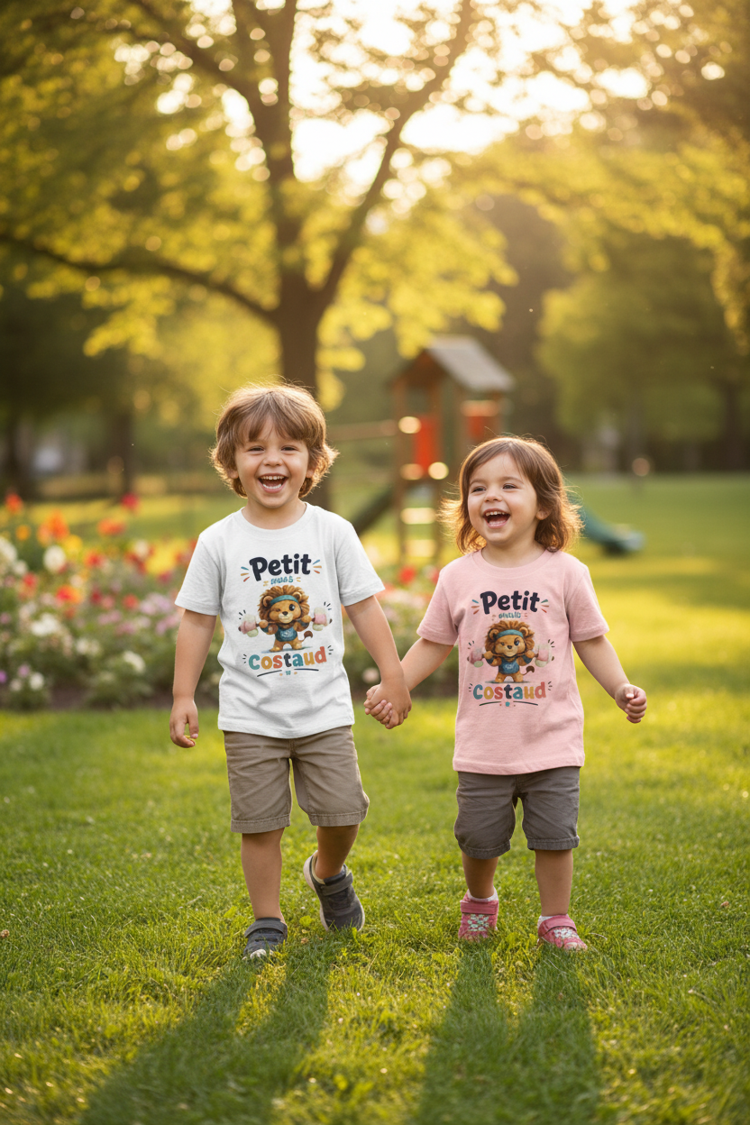 Deux enfants portant le t-shirt lion Petit mais Costaud, l'un en blanc et l'autre en rose clair, jouant dans un parc ensoleille