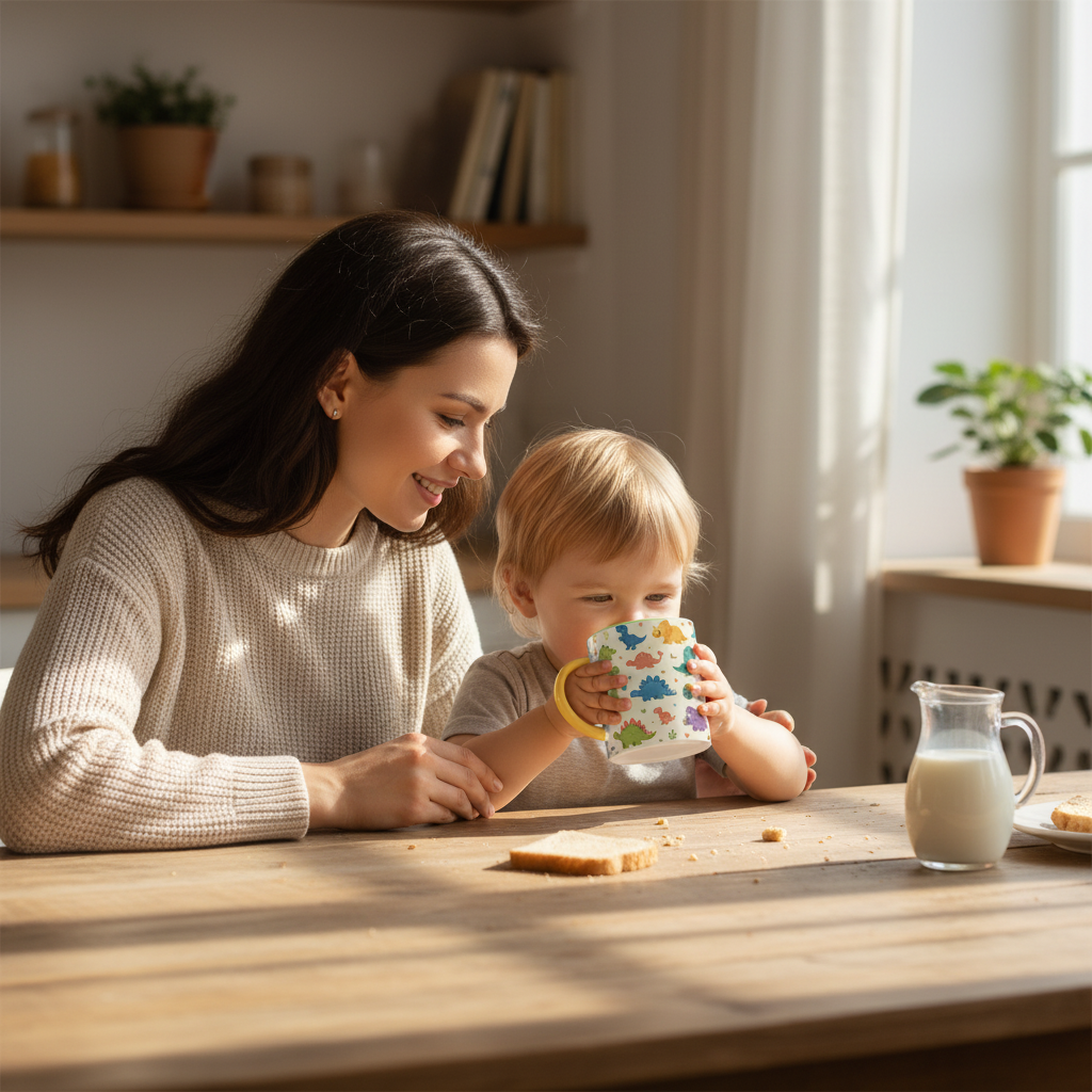 Maman et enfant au petit-dejeuner avec le mug dinosaures kawaii fond creme anse jaune
