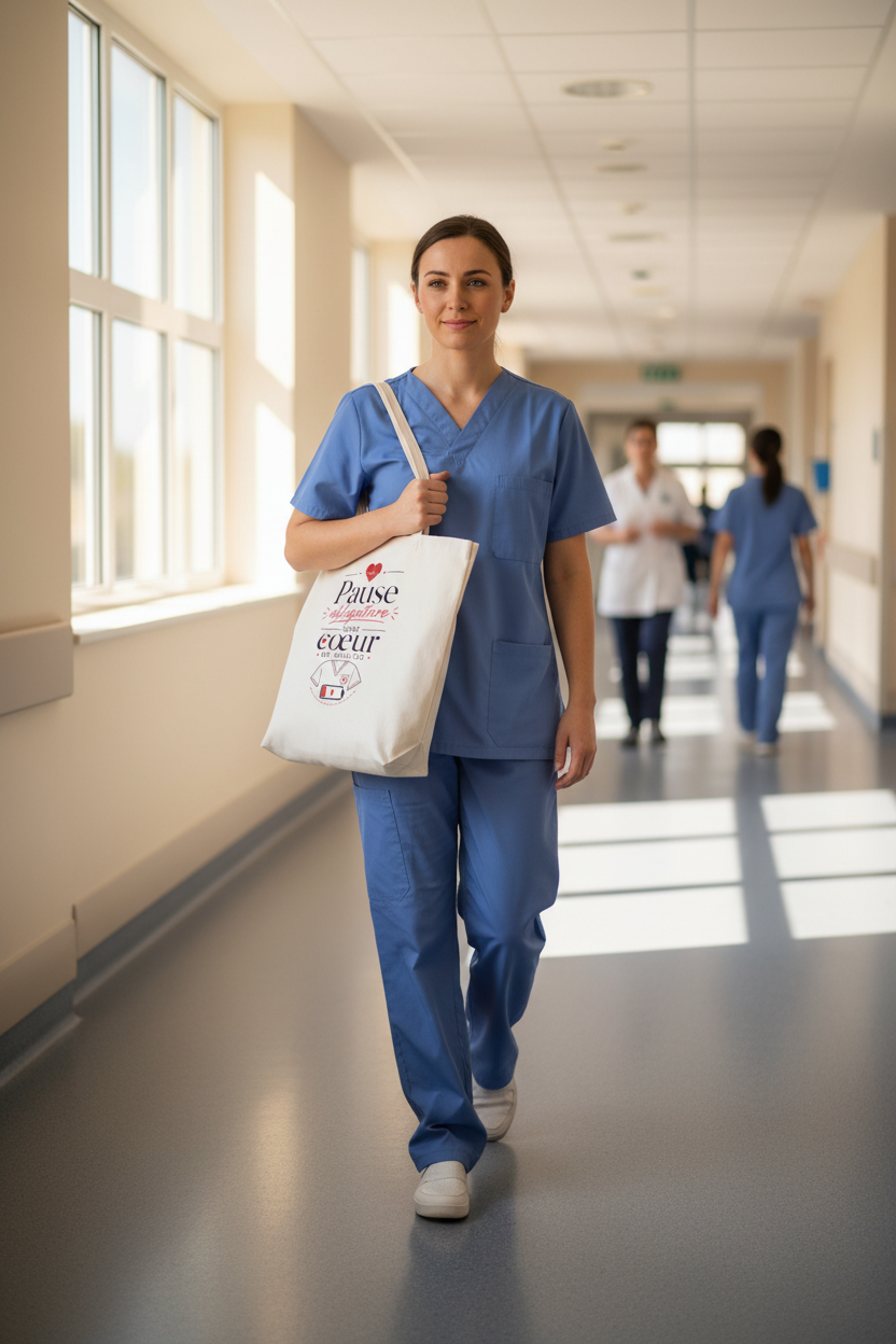 Tote bag blanc avec anses et logo « Pause obligatoire pour cœur en service »