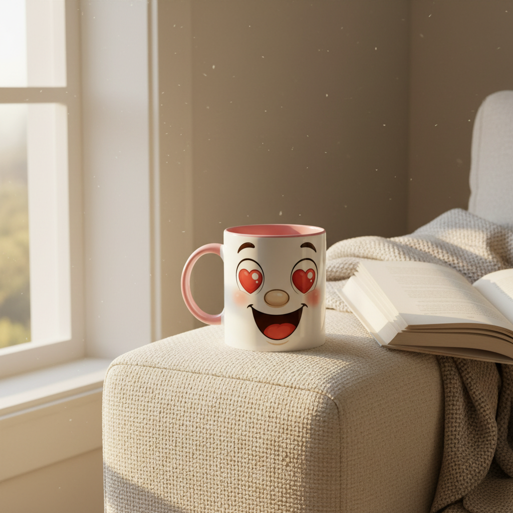 Mug en céramique blanche et anse rose, face kawaii aux cœurs rouges, sur fauteuil.