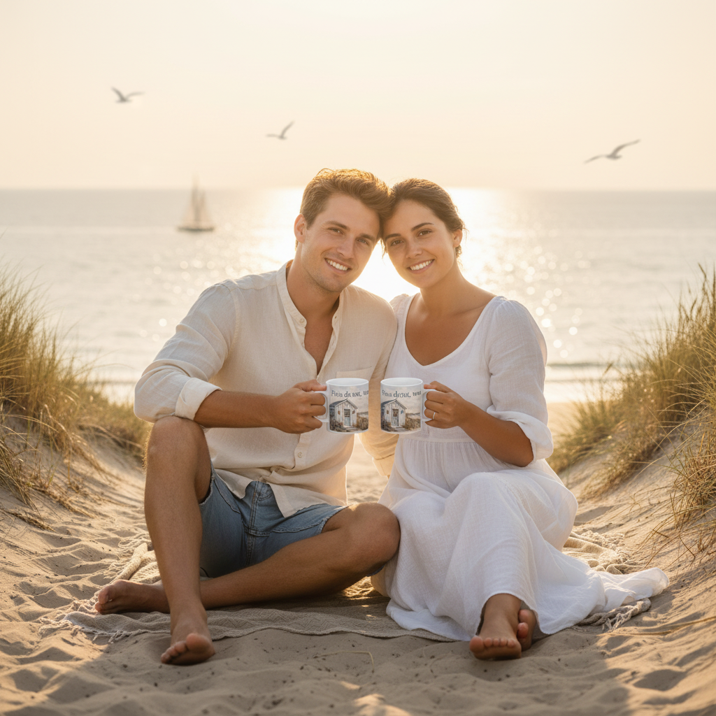 Couple sur chemin de dunes tenant deux mugs Pres de toi tout devient doux avec voilier et mouettes, Gironde